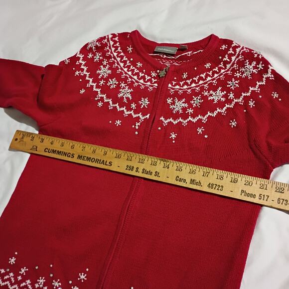 Christmas Cardigan Sweater Small Red Pearls Jewels Snowflakes Raglan-Sleeve - Picture 9 of 12